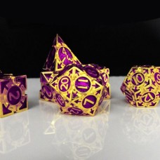 Metall-Würfelset Gold/Lila mit Pfeilen in Metalldose