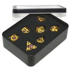 Metall-Würfelset Gold/Lila mit Pfeilen in Metalldose