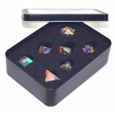 Glas-Würfelset Regenbogen in Metalldose